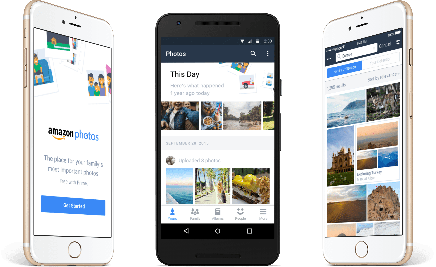 Three mobile devices showing different screens from the Amazon Photos app